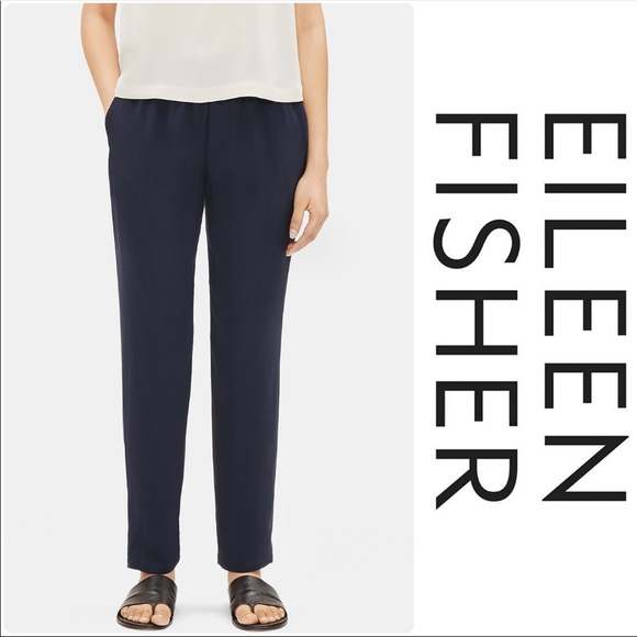 Eileen Fisher Slouchy Ankle Silk Pants Midnight - Picture 4 of 5